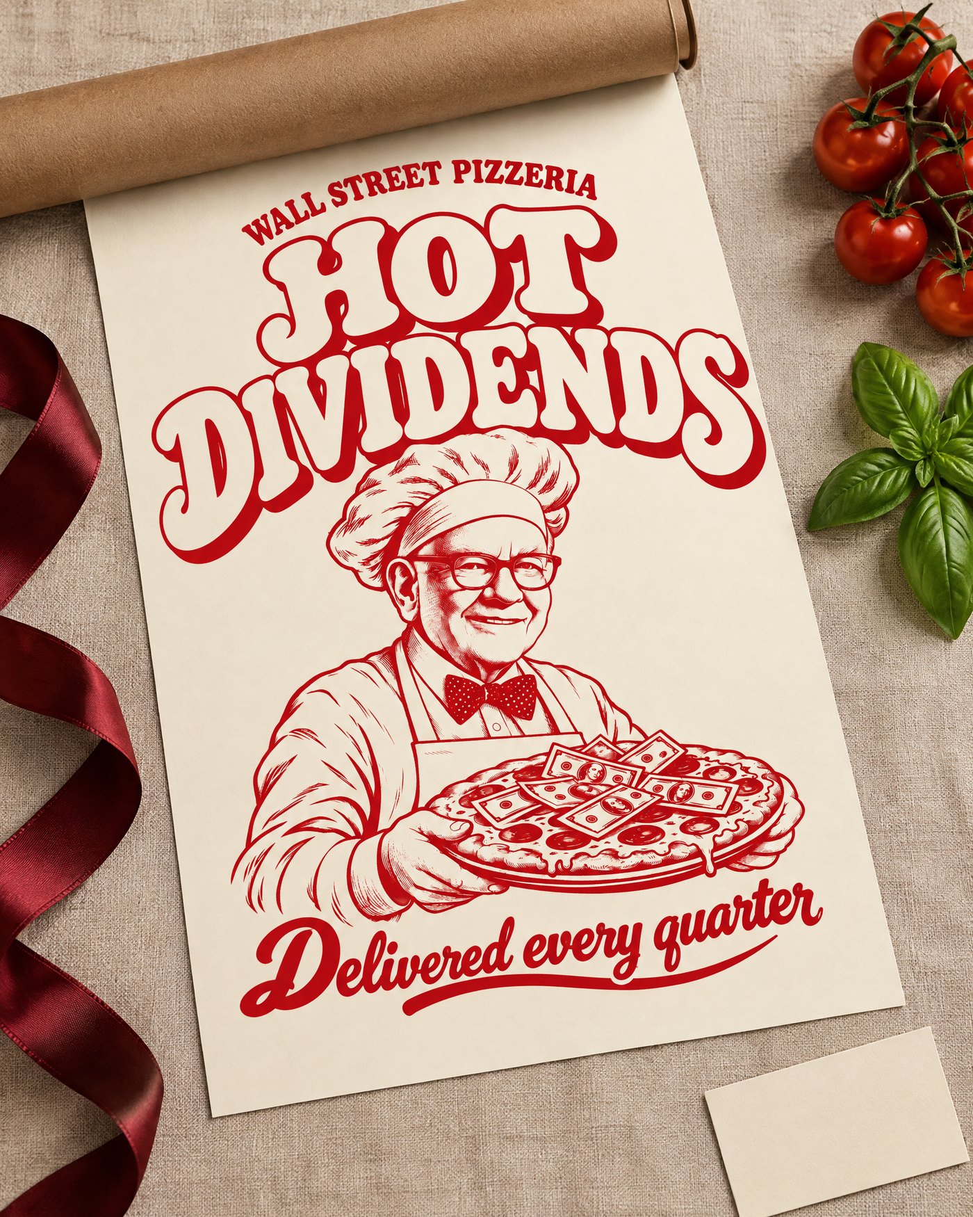 Das Poster halb ausgerollt neben einer Versandrolle, rotem Band, Basilikum und Tomaten