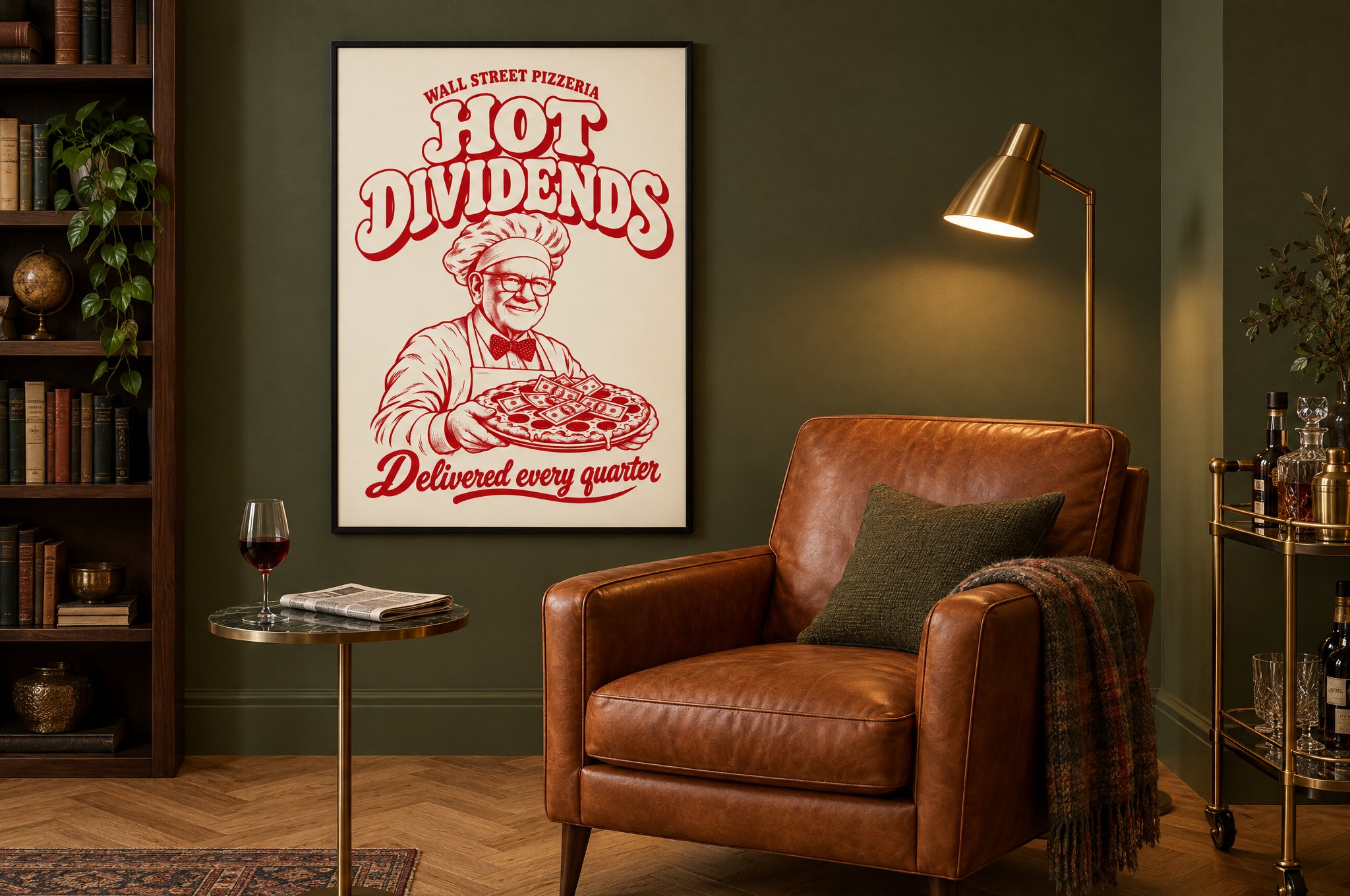 Poster im schwarzen Rahmen in einem Arbeitszimmer im Abendlicht
