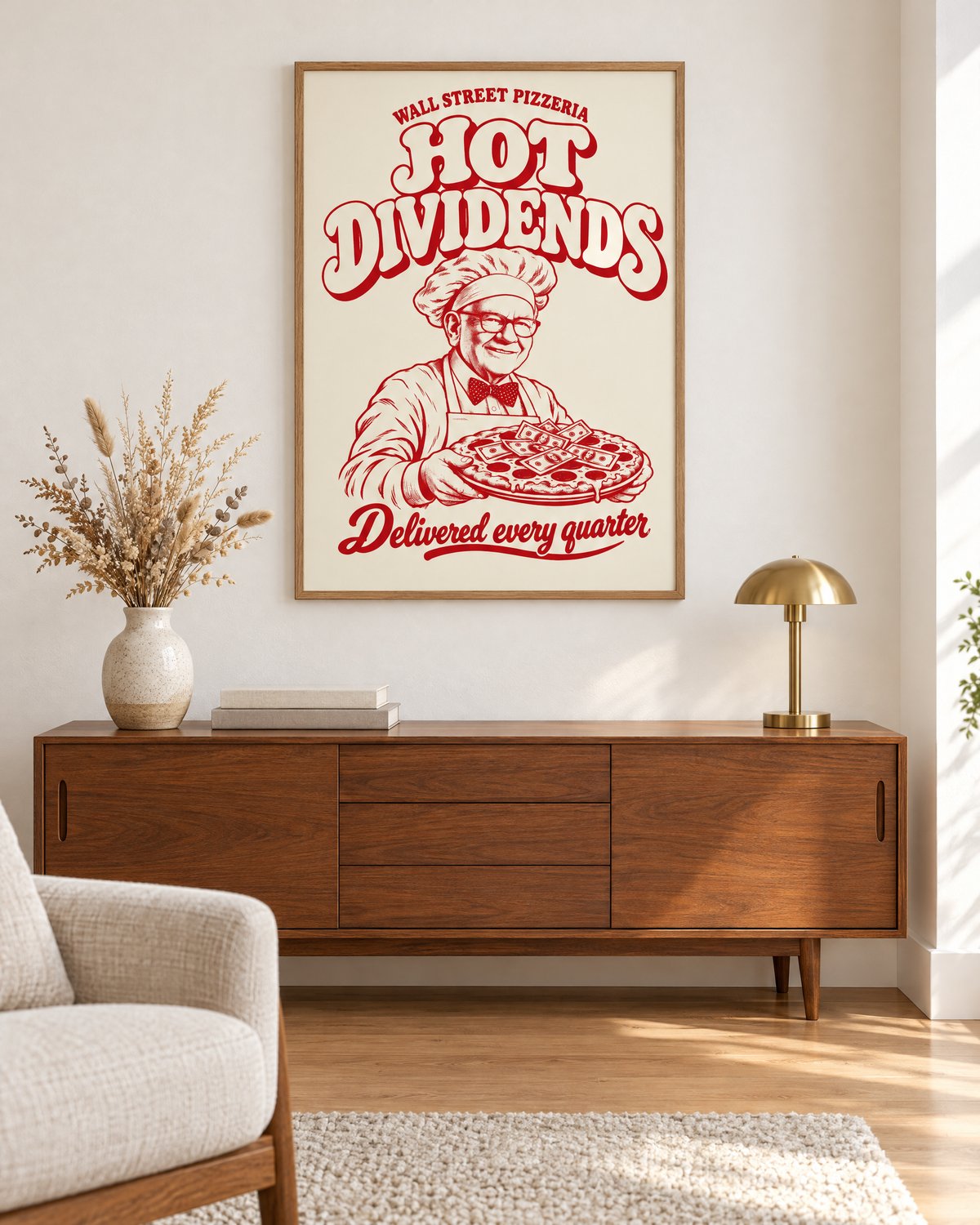 Poster im Eichenrahmen auf einem Sideboard im Wohnzimmer